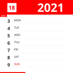 Calendar planner for Week 18 in 2021, ends May 9, 2021 .