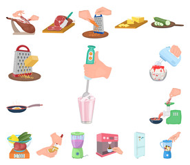 Cooking food cartoon icons in set collection for design. Kitchen, equipment and tools vector symbol stock web illustration.
