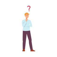 Fototapeta na wymiar Vector young blonde man in casual clothing standing in thoughtful pose holding his chin thinking with questions above head. Isolated illustration portrait in flat style