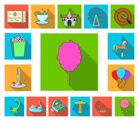 Amusement park flat icons in set collection for design. Equipment and attractions vector symbol stock web illustration.