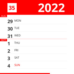 Calendar planner for Week 35 in 2022, ends September 4, 2022 .