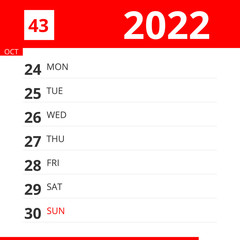 Calendar planner for Week 43 in 2022, ends October 30, 2022 .