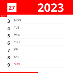Calendar planner for Week 27 in 2023, ends July 9, 2023 .