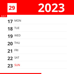 Calendar planner for Week 29 in 2023, ends July 23, 2023 .