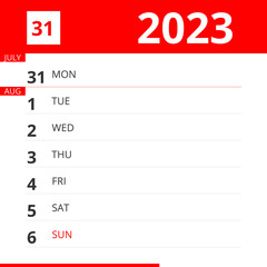 Calendar planner for Week 31 in 2023, ends August 6, 2023 .