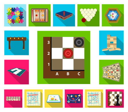 Board game flat icons in set collection for design. Game and entertainment vector symbol stock web illustration.