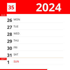 Calendar planner for Week 35 in 2024, ends September 1, 2024 .