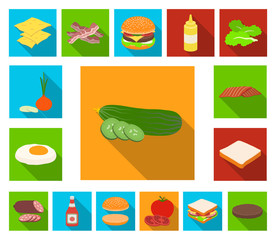 Burger and ingredients flat icons in set collection for design. Burger cooking vector symbol stock web illustration.