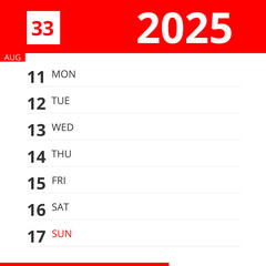 Calendar planner for Week 33 in 2025, ends August 17, 2025 .