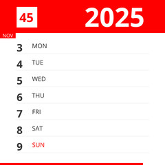 Calendar planner for Week 45 in 2025, ends November 9, 2025 .