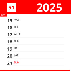 Calendar planner for Week 51 in 2025, ends December 21, 2025 .