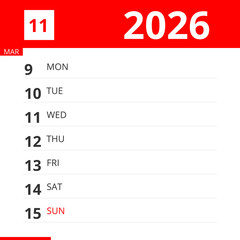 Calendar planner for Week 11 in 2026, ends March 15, 2026 .