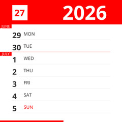 Calendar planner for Week 27 in 2026, ends July 5, 2026 .