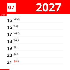 Calendar planner for Week 07 in 2027, ends February 21, 2027 .
