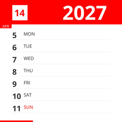 Calendar planner for Week 14 in 2027, ends April 11, 2027 .