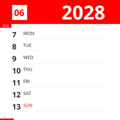 Calendar planner for Week 06 in 2028, ends February 13, 2028 .