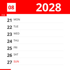 Calendar planner for Week 08 in 2028, ends February 27, 2028 .