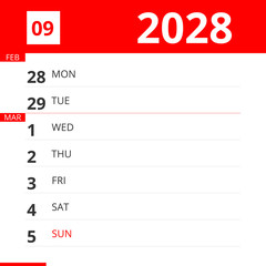 Calendar planner for Week 09 in 2028, ends March 5, 2028 .