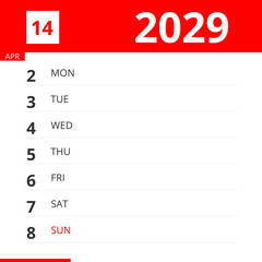 Calendar planner for Week 14 in 2029, ends April 8, 2029 .