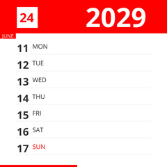 Calendar planner for Week 24 in 2029, ends June 17, 2029 .