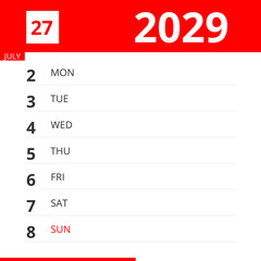 Calendar planner for Week 27 in 2029, ends July 8, 2029 .