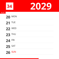 Calendar planner for Week 34 in 2029, ends August 26, 2029 .