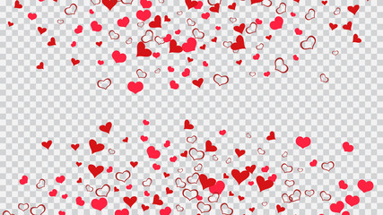 Red hearts of confetti are falling. Festive background. The idea of wallpaper design, textiles, packaging, printing, holiday invitation for birthday. Red on Transparent fond Vector.