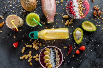 celebration. delicacies. blended smoothie with different tastes. top view photo.