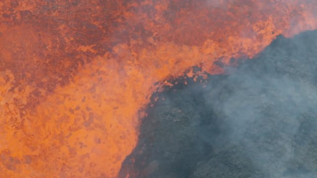 Aerial view hot lava rock solidifying on landing