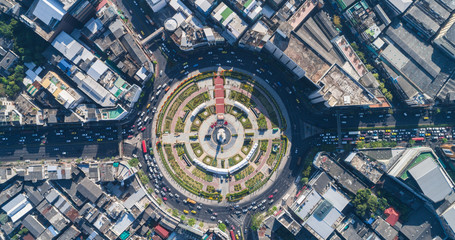 Aerial view circular intersceation transport road with city building