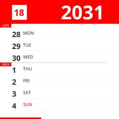 Calendar planner for Week 18 in 2031, ends May 4, 2031 .