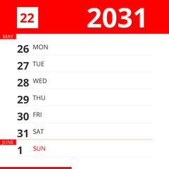 Calendar planner for Week 22 in 2031, ends June 1, 2031 .