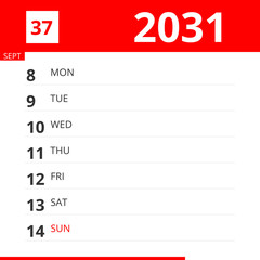 Calendar planner for Week 37 in 2031, ends September 14, 2031 .