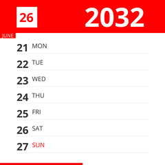 Calendar planner for Week 26 in 2032, ends June 27, 2032 .
