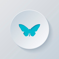 butterfly icon. Cut circle with gray and blue layers. Paper styl
