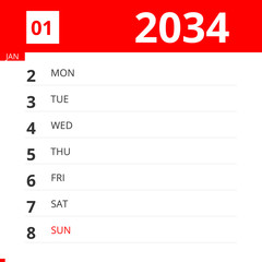 Calendar planner for Week 01 in 2034, ends January 8, 2034 .