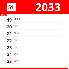 Calendar planner for Week 51 in 2033, ends December 25, 2033 .
