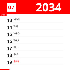 Calendar planner for Week 07 in 2034, ends February 19, 2034 .