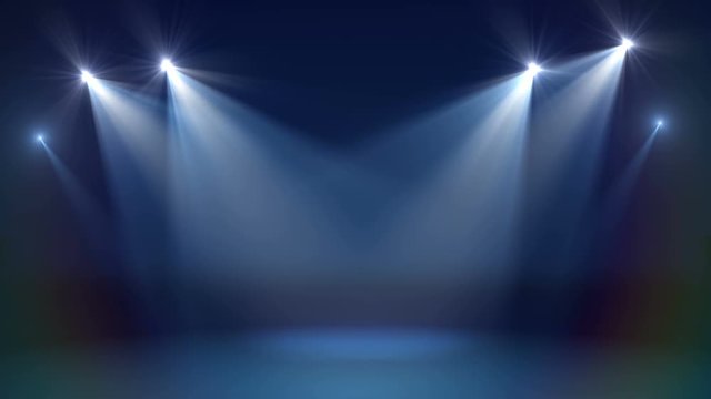 Stage with spot lighting, shining empty scene for holiday show, award Ceremony or advertising on the dark blue Background. Looped motion graphic.