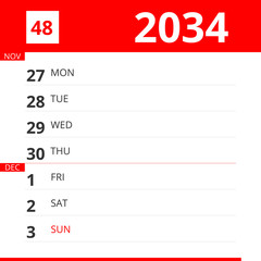 Calendar planner for Week 48 in 2034, ends December 3, 2034 .