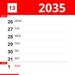 Calendar planner for Week 13 in 2035, ends April 1, 2035 .