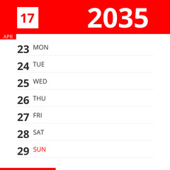 Calendar planner for Week 17 in 2035, ends April 29, 2035 .