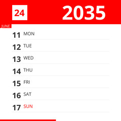 Calendar planner for Week 24 in 2035, ends June 17, 2035 .