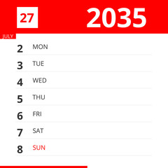 Calendar planner for Week 27 in 2035, ends July 8, 2035 .
