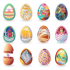 Set of easter eggs with different pattern isolated on white background with shadow