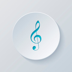 Simple icon of treble key. Cut circle with gray and blue layers.