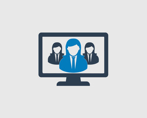 Online Business help Icon on computer screen.Female Employees behind the leader.