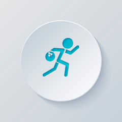 running man, bowling icon. Cut circle with gray and blue layers.