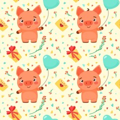 Vector seamless pattern with Valentine's Day elements and piglet. Pattern in cartoon style.