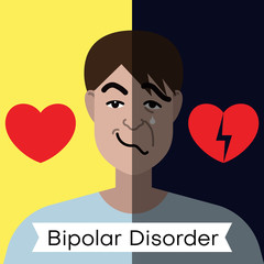 Bipolar disorder concept. Young man with double face expression and red heart. Vector illustration